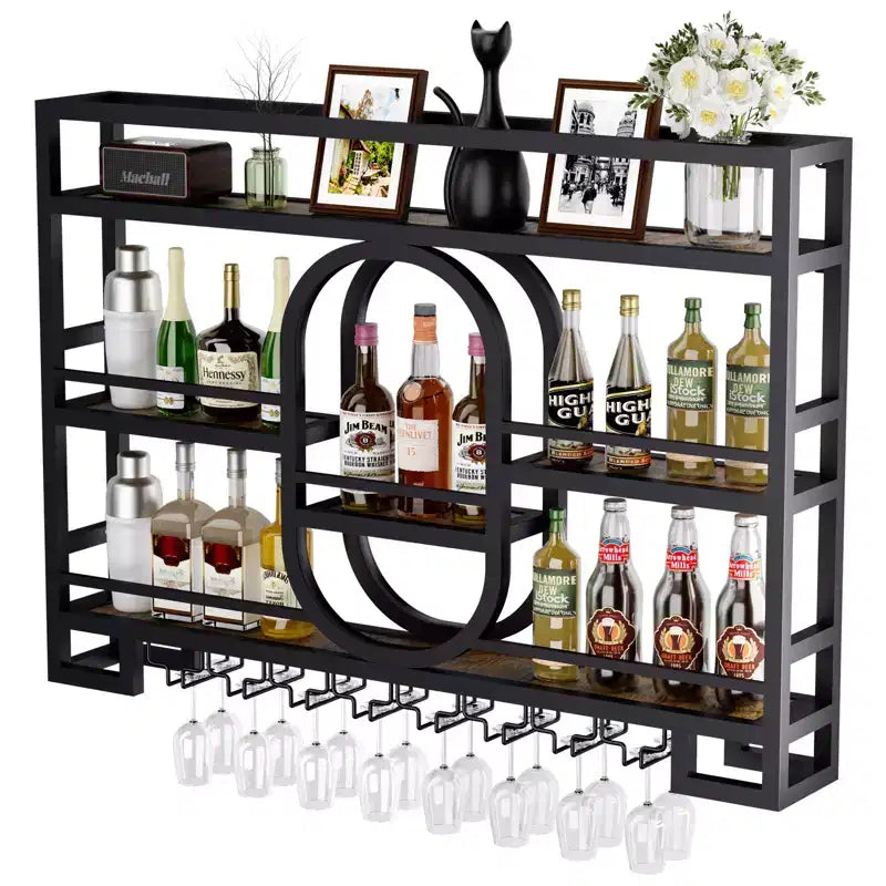 Portabottiglie da parete 39/47", scaffali da bar fluttuanti in metallo con portabicchieri da vino, scaffale industriale per liquori per bar di casa, cucina, sala da pranzo