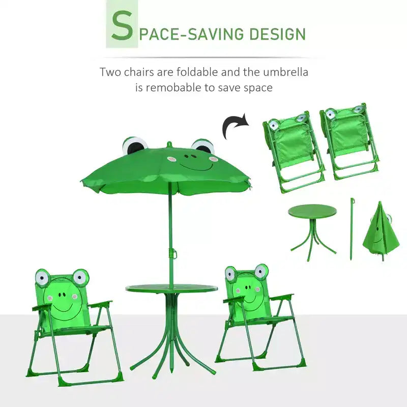 Folding Kids Outdoor Picnic Table and Chair Set with Umbrella 4-Piece Green