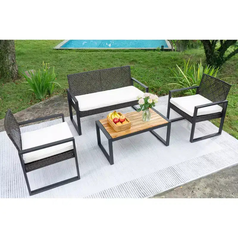 4-Piece Patio Furniture Set Outdoor Acacia Wood Table Top Metal Frame Cushions Balcony Garden Backyard Lawn
