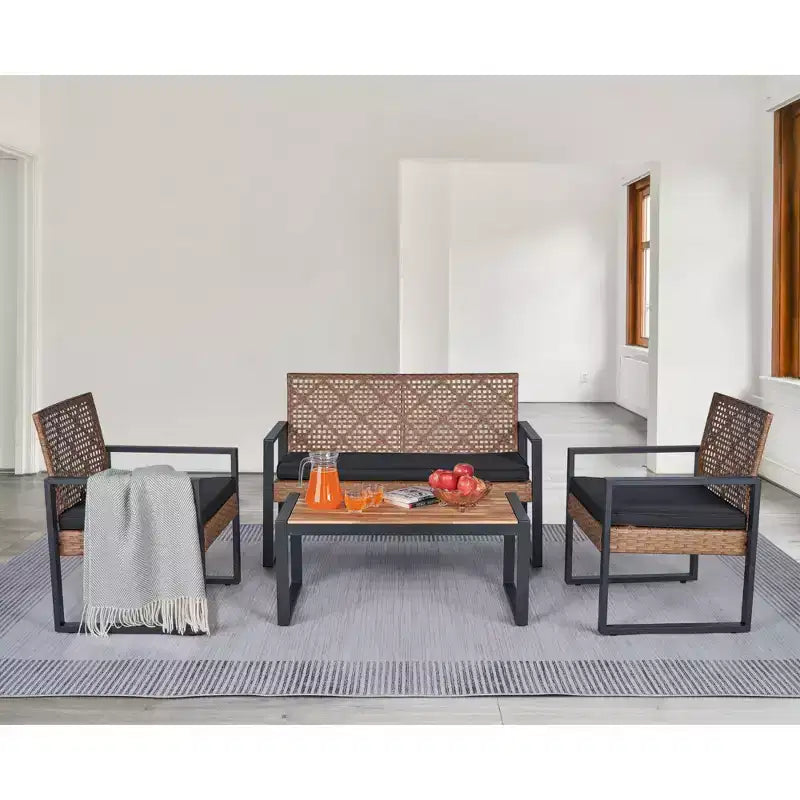 4-Piece Patio Furniture Set Outdoor Acacia Wood Table Top Metal Frame Cushions Balcony Garden Backyard Lawn