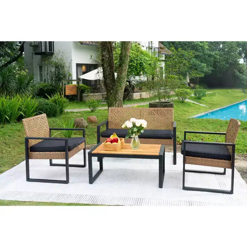 4-Piece Patio Furniture Set Outdoor Acacia Wood Table Top Metal Frame Cushions Balcony Garden Backyard Lawn