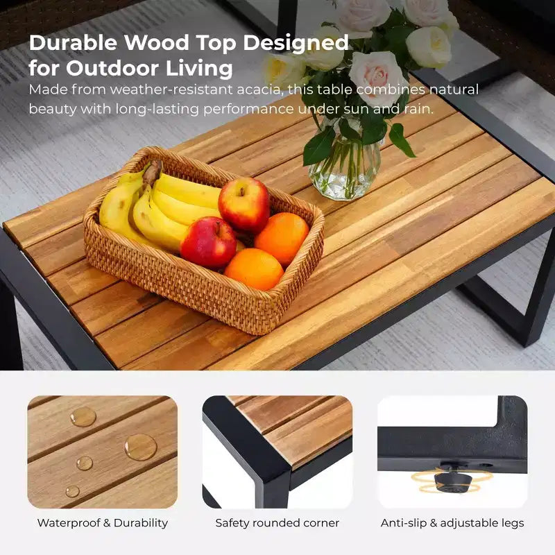 4-Piece Patio Furniture Set Outdoor Acacia Wood Table Top Metal Frame Cushions Balcony Garden Backyard Lawn