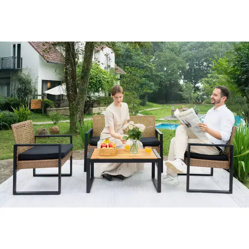 4-Piece Patio Furniture Set Outdoor Acacia Wood Table Top Metal Frame Cushions Balcony Garden Backyard Lawn