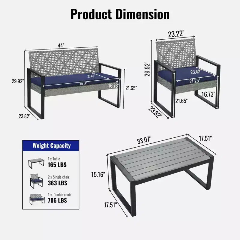 4-Piece Patio Furniture Set Outdoor Acacia Wood Table Top Metal Frame Cushions Balcony Garden Backyard Lawn