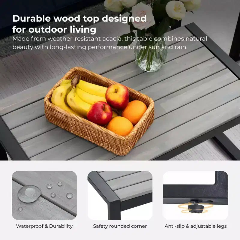 4-Piece Patio Furniture Set Outdoor Acacia Wood Table Top Metal Frame Cushions Balcony Garden Backyard Lawn
