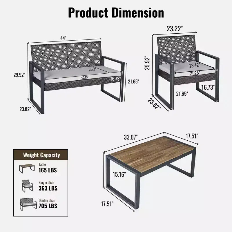 4-Piece Patio Furniture Set Outdoor Acacia Wood Table Top Metal Frame Cushions Balcony Garden Backyard Lawn