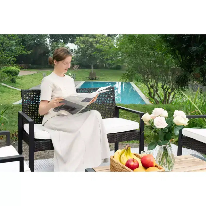 4-Piece Patio Furniture Set Outdoor Acacia Wood Table Top Metal Frame Cushions Balcony Garden Backyard Lawn