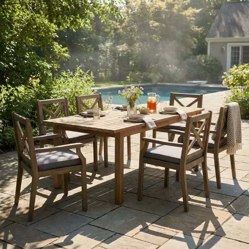 7PCS Outdoor Patio Dining Set, Acacia Wood Extendable Dining Table with 6 Cushioned Chairs, Outdoor Dining Furniture for Backyard-Panipeachy