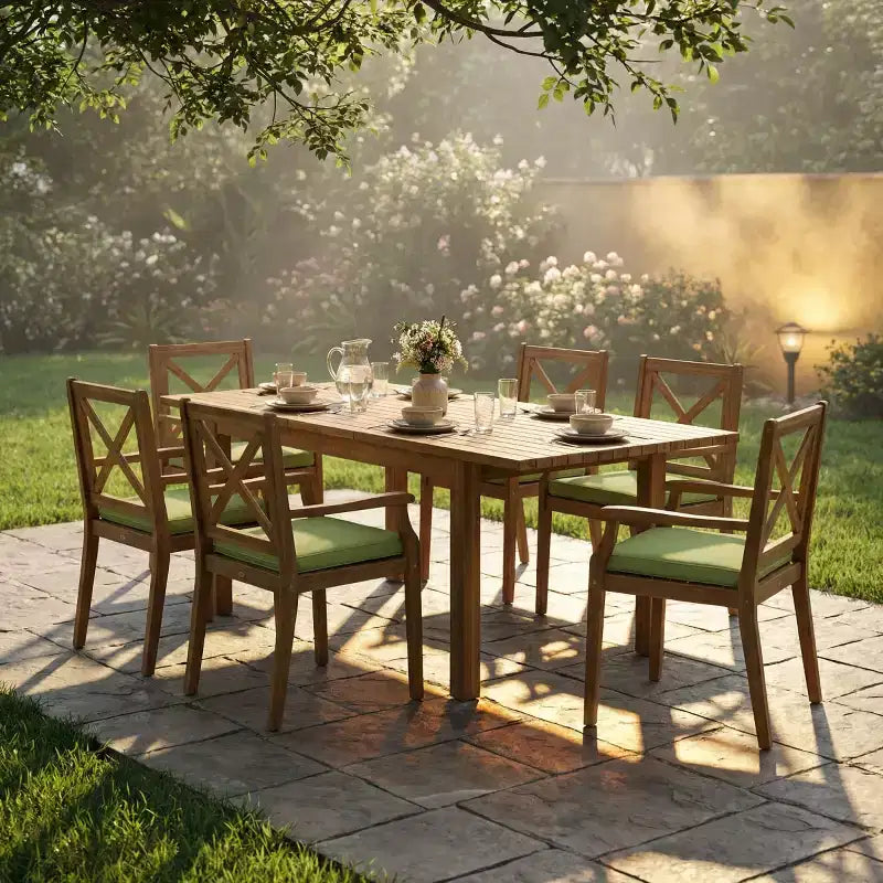 7PCS Outdoor Patio Dining Set, Acacia Wood Extendable Dining Table with 6 Cushioned Chairs, Outdoor Dining Furniture for Backyard-Panipeachy