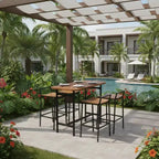 Gymax 5 PCS Outdoor Bar Table Set w/ Acacia Wood Surfaces and Sturdy Metal Frame Bar Height Table & Chairs for Patio Deck Balcony Poolside