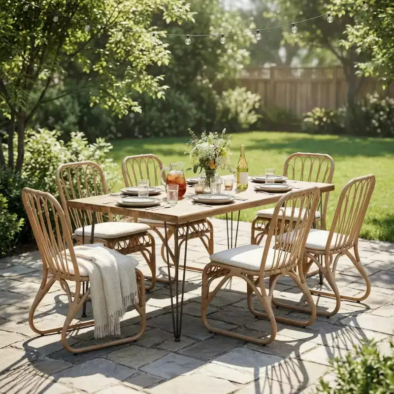 7-Piece Outdoor Dining Set for 6 with Woven Rattan Chairs, 72 Rectangular Patio Dining Table with Acacia Wood Top for Backyard, Deck-Panipeachy