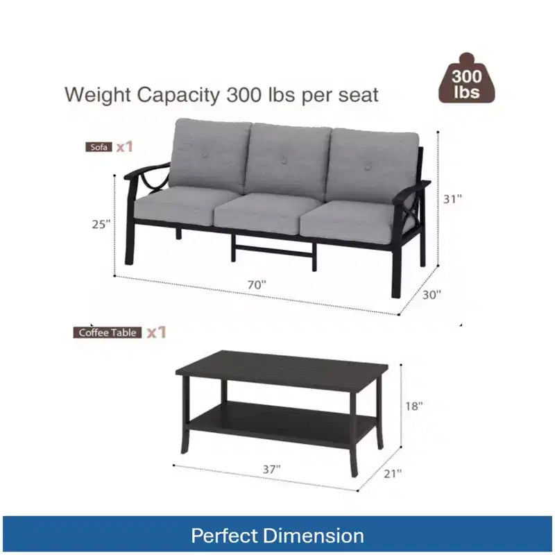 2 Piece Outdoor Patio Set, 70 Inches All-Weather Metal 3-Seat Metal Patio Sofa and Rectangular coffee Table