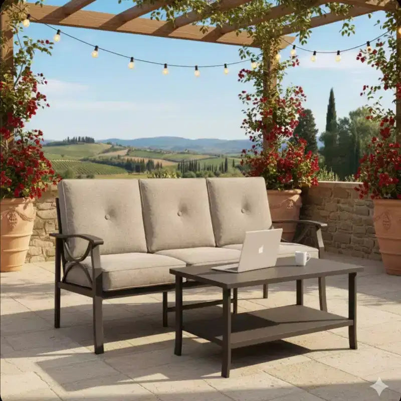 2 Piece Outdoor Patio Set, 70 Inches All-Weather Metal 3-Seat Metal Patio Sofa and Rectangular coffee Table