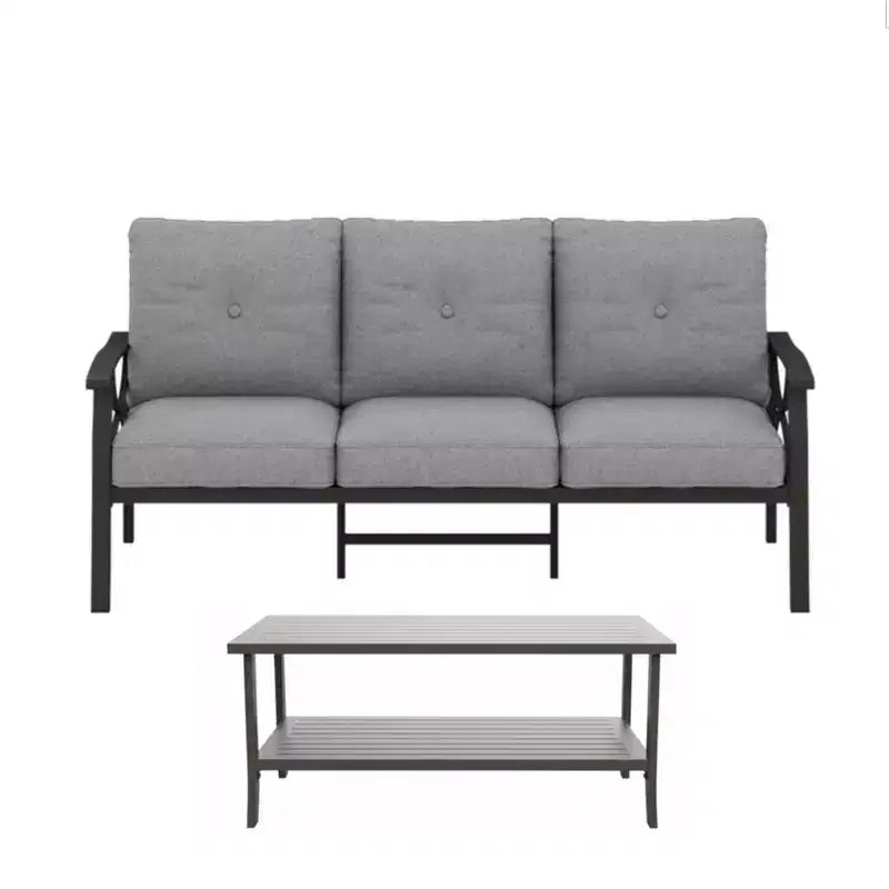 2 Piece Outdoor Patio Set, 70 Inch All-Weather Metal 3-Seat Metal Patio Sofa and Rectangular coffee Table, Khaki Frame with Gray Cushions
