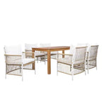 GDFStudio Nicolas Patio 7 Piece Wood and Metal Dining Set with Hand-Woven Rattan Arm Chairs