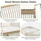 GDFStudio Nicolas Patio 7 Piece Wood and Metal Dining Set with Hand-Woven Rattan Arm Chairs