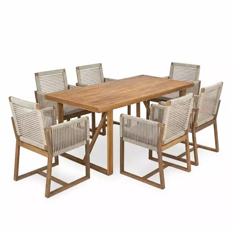Christopher Knight Home Thrinot Modern 7 Piece Patio Acacia Dining Set with Slatted Table and Rope Design