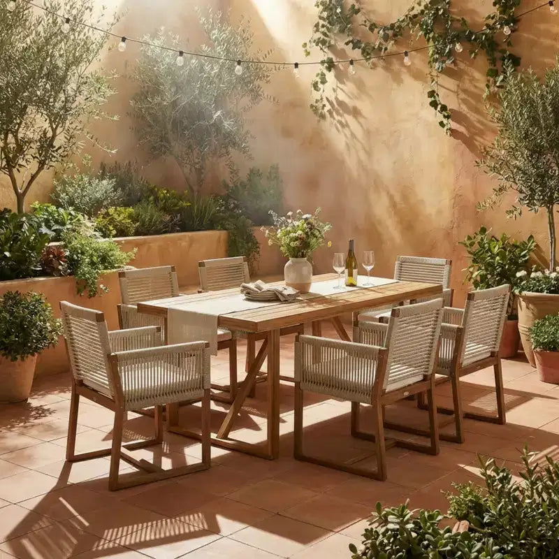 Christopher Knight Home Thrinot Modern 7 Piece Patio Acacia Dining Set with Slatted Table and Rope Design