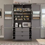 Dispensa Alta da Cucina con Prese di Corrente, Grande Credenza Autoportante con Supporto per Microonde, Cassetti, Scaffali, Portabottiglie e Ante con Ripiani