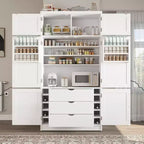 Dispensa Alta da Cucina con Prese di Corrente, Grande Credenza Autoportante con Supporto per Microonde, Cassetti, Scaffali, Portabottiglie e Ante con Ripiani