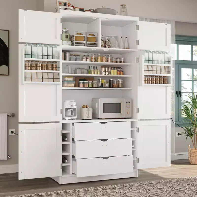 Dispensa Alta da Cucina con Prese di Corrente, Grande Credenza Autoportante con Supporto per Microonde, Cassetti, Scaffali, Portabottiglie e Ante con Ripiani