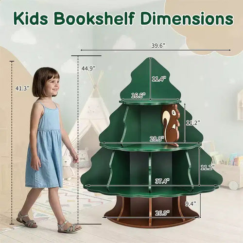 Libreria per bambini a 4 ripiani e 12 scomparti in MDF, design albero di Natale e scoiattolo
