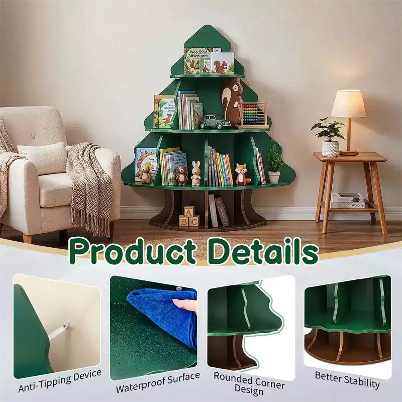Libreria per bambini a 4 ripiani e 12 scomparti in MDF, design albero di Natale e scoiattolo