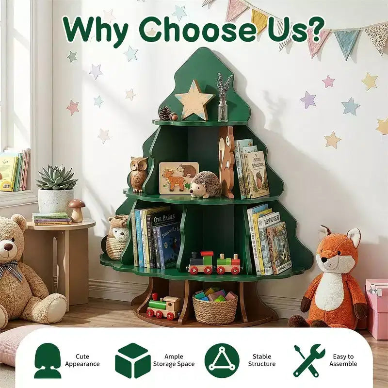 Libreria per bambini a 4 ripiani e 12 scomparti in MDF, design albero di Natale e scoiattolo