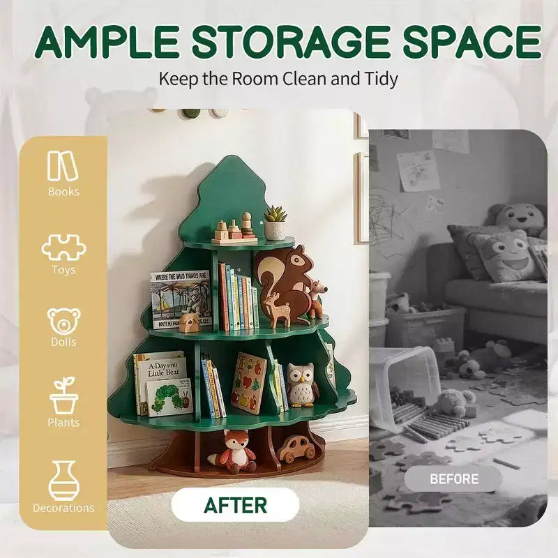 Libreria per bambini a 4 ripiani e 12 scomparti in MDF, design albero di Natale e scoiattolo