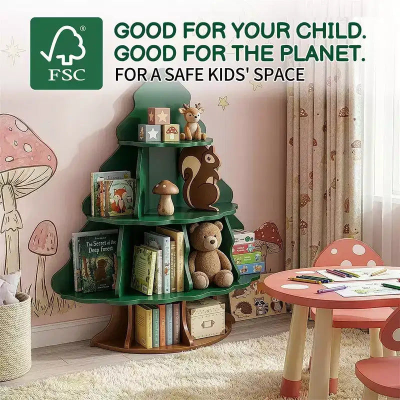 Libreria per bambini a 4 ripiani e 12 scomparti in MDF, design albero di Natale e scoiattolo
