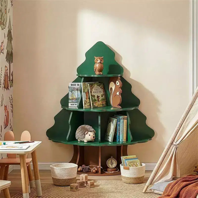 Libreria per bambini a 4 ripiani e 12 scomparti in MDF, design albero di Natale e scoiattolo