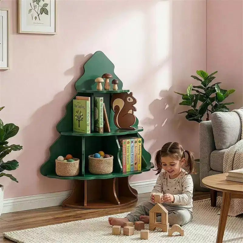 Libreria per bambini a 4 ripiani e 12 scomparti in MDF, design albero di Natale e scoiattolo