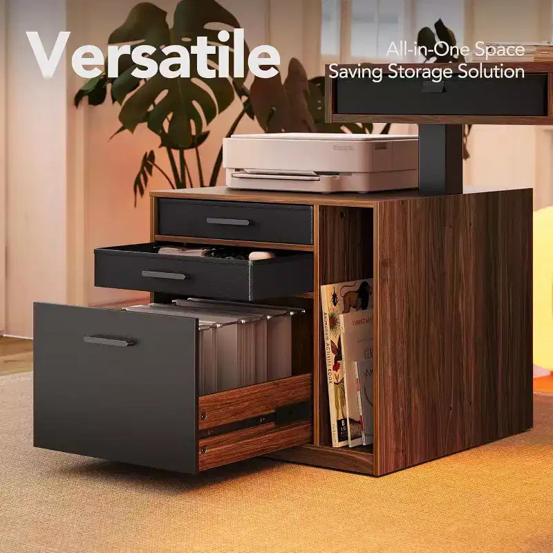Scrivania angolare elettrica a L 63 X 53 pollici con 2 cassetti portaoggetti e schedario, scrivania regolabile in altezza, scrivania per computer, noce