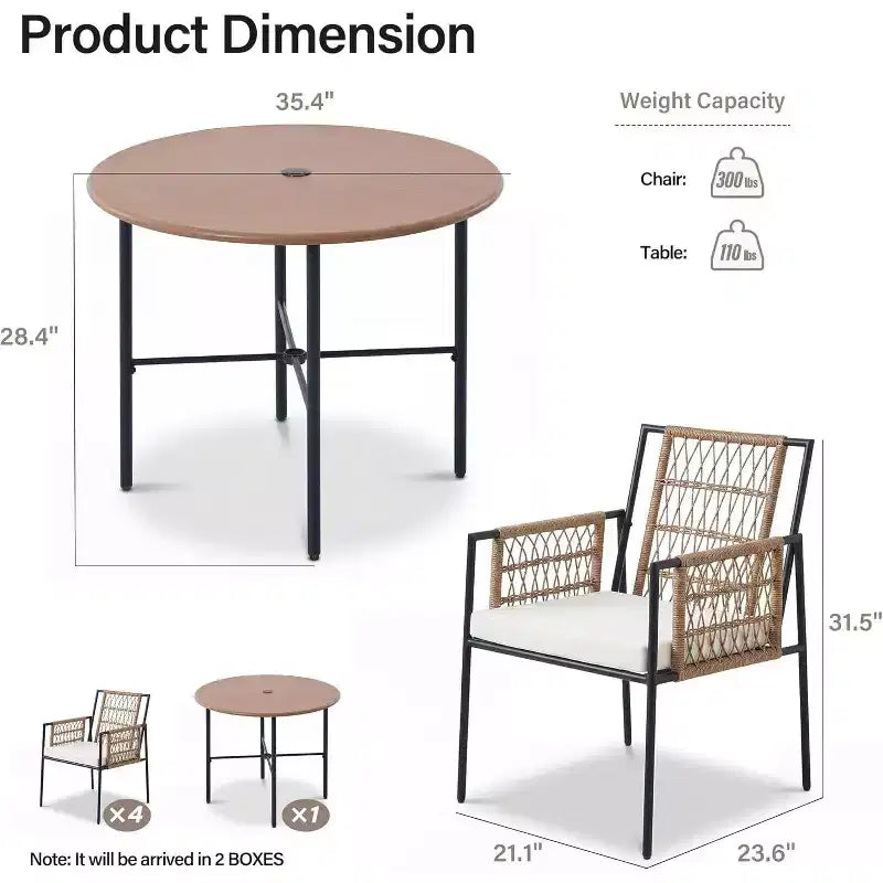 LAUSAINT HOME 5 Piece Outdoor Patio Dining Set, PE Rattan Patio Furniture Set with 4 Cushioned Armchairs & Umbrella Hole