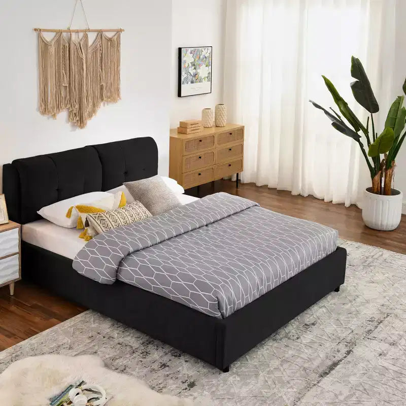 Letto Imbottito con Testiera Morbida King/Queen in ciniglia con Struttura a Piattaforma e vano contenitore