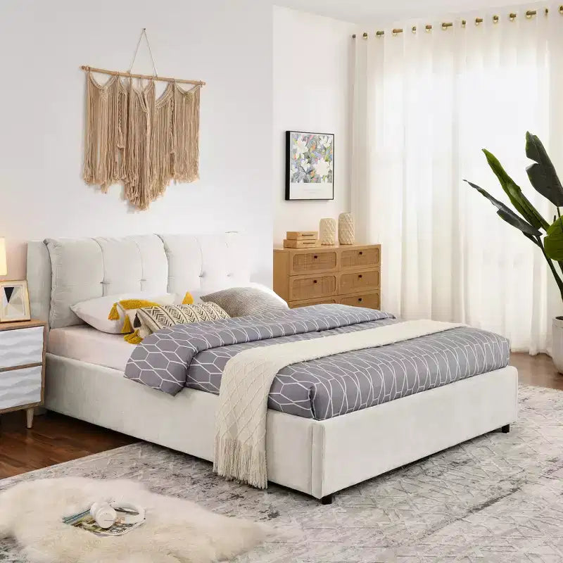 Letto Imbottito con Testiera Morbida King/Queen in ciniglia con Struttura a Piattaforma e vano contenitore