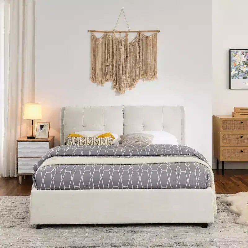 Letto Imbottito con Testiera Morbida King/Queen in ciniglia con Struttura a Piattaforma e vano contenitore