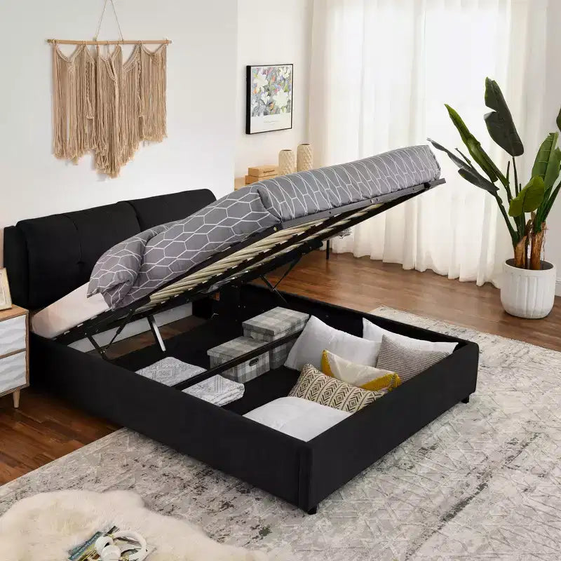 Letto Imbottito con Testiera Morbida King/Queen in ciniglia con Struttura a Piattaforma e vano contenitore