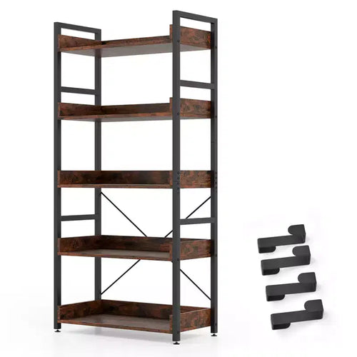 Gymax 1/2PC 5-Tier Storage Rack w/ Hooks Open Shelves Rustic Wood Grain Design Adjustable Feet Brown+Black