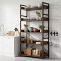 1/2PZ Scaffale a 5 ripiani con ganci, ripiani aperti, design in venatura di legno rustico, piedini regolabili, marrone+nero