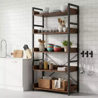 1/2PZ Scaffale a 5 ripiani con ganci, ripiani aperti, design in venatura di legno rustico, piedini regolabili, marrone+nero