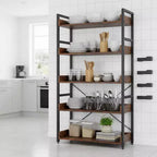1/2PZ Scaffale a 5 ripiani con ganci, ripiani aperti, design in venatura di legno rustico, piedini regolabili, marrone+nero