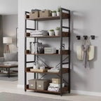 1/2PZ Scaffale a 5 ripiani con ganci, ripiani aperti, design in venatura di legno rustico, piedini regolabili, marrone+nero