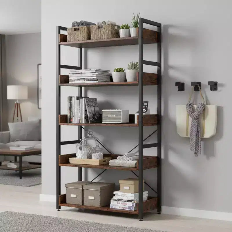 1/2PZ Scaffale a 5 ripiani con ganci, ripiani aperti, design in venatura di legno rustico, piedini regolabili, marrone+nero