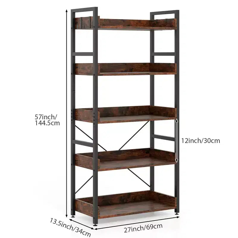 1/2PZ Scaffale a 5 ripiani con ganci, ripiani aperti, design in venatura di legno rustico, piedini regolabili, marrone+nero