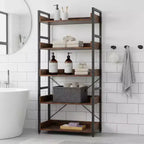 1/2PZ Scaffale a 5 ripiani con ganci, ripiani aperti, design in venatura di legno rustico, piedini regolabili, marrone+nero