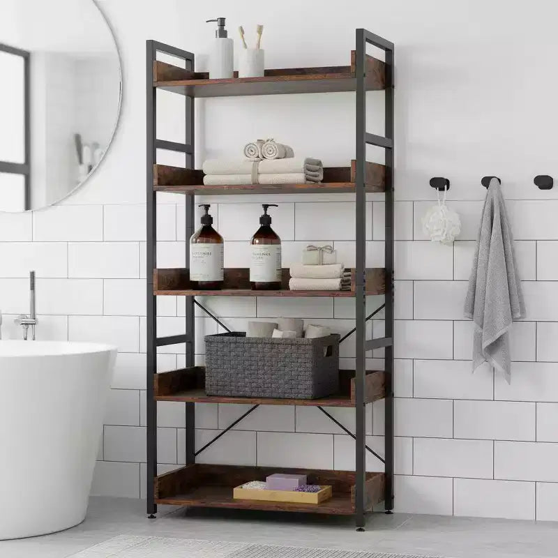1/2PZ Scaffale a 5 ripiani con ganci, ripiani aperti, design in venatura di legno rustico, piedini regolabili, marrone+nero