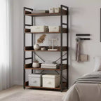 1/2PZ Scaffale a 5 ripiani con ganci, ripiani aperti, design in venatura di legno rustico, piedini regolabili, marrone+nero