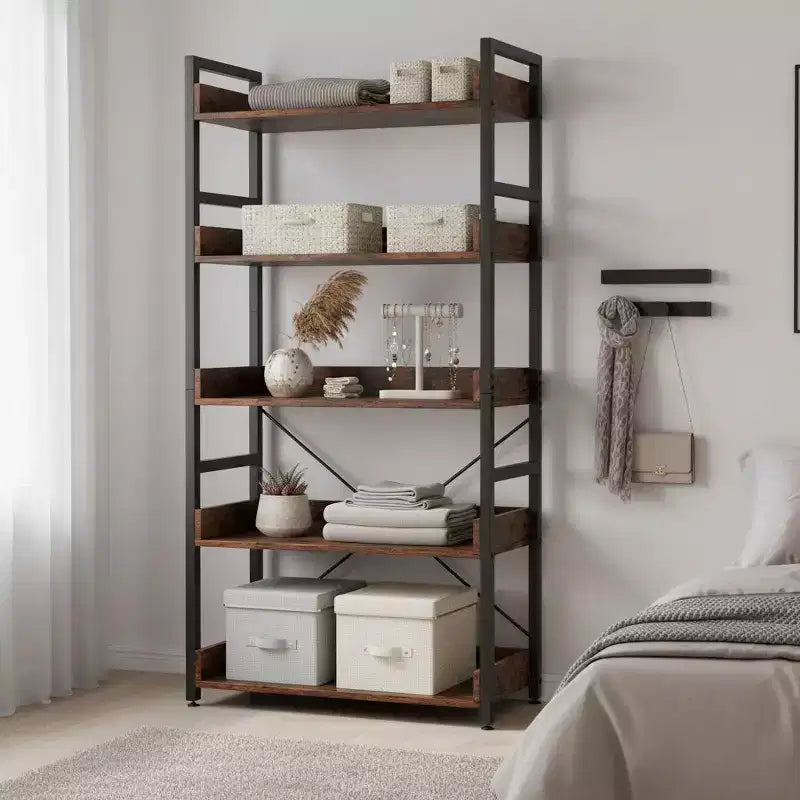 1/2PZ Scaffale a 5 ripiani con ganci, ripiani aperti, design in venatura di legno rustico, piedini regolabili, marrone+nero