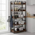 1/2PZ Scaffale a 5 ripiani con ganci, ripiani aperti, design in venatura di legno rustico, piedini regolabili, marrone+nero
